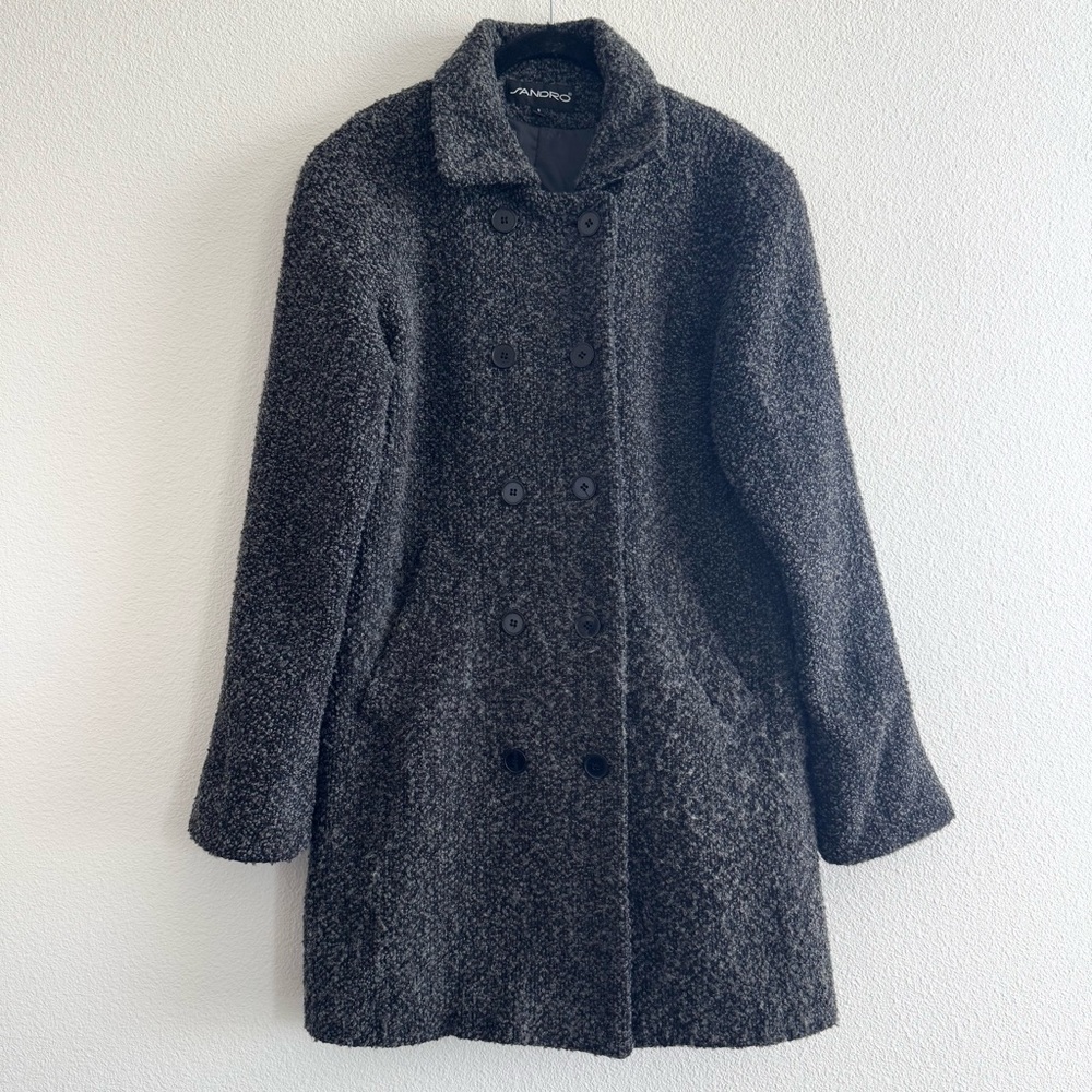 Vintage Sandro Grey Wool Blend Boucle Double Breasted Pea Coat Minimal Fall View 2